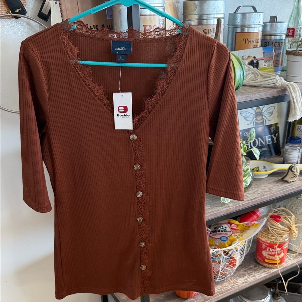 Daytrip Brown Ribbed Lace-Trim Button-Down Top